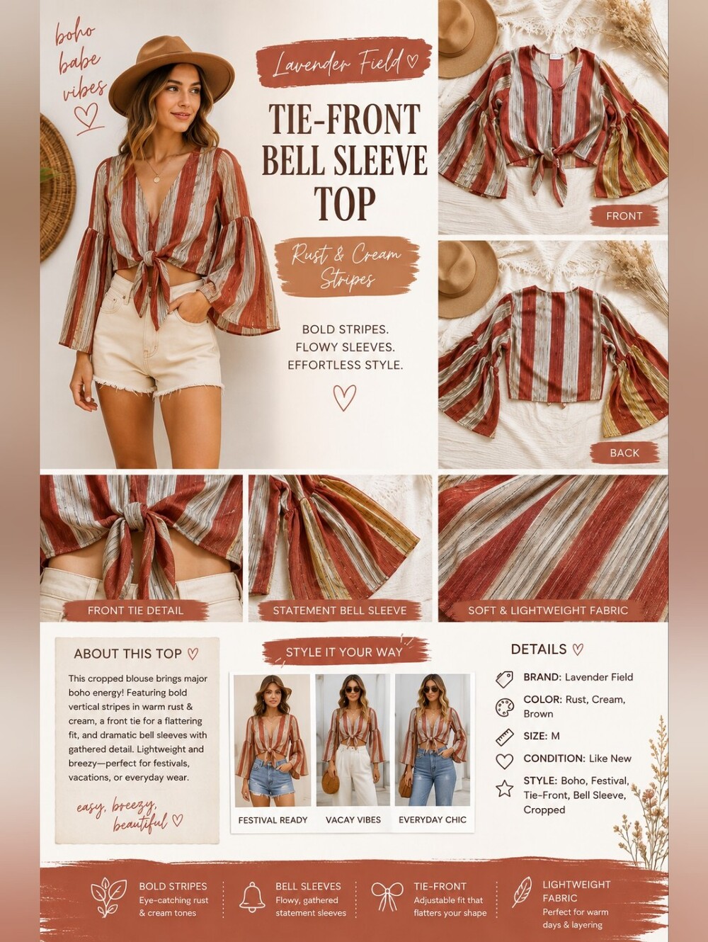 Lavender Field Rust Striped Tie Front Bell Sleeve Boho Crop Top Medium